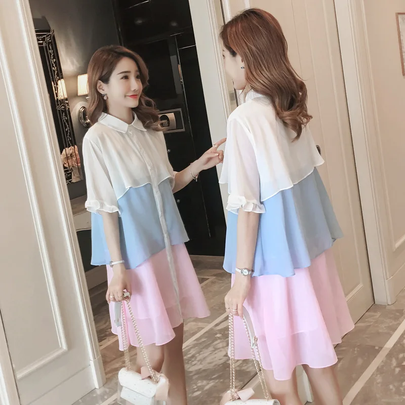 

Maternity Clothes Contrast Color Chiffon Mid-length Cake Shirt Dress 3-9 Month Summer Hot Mom Dress