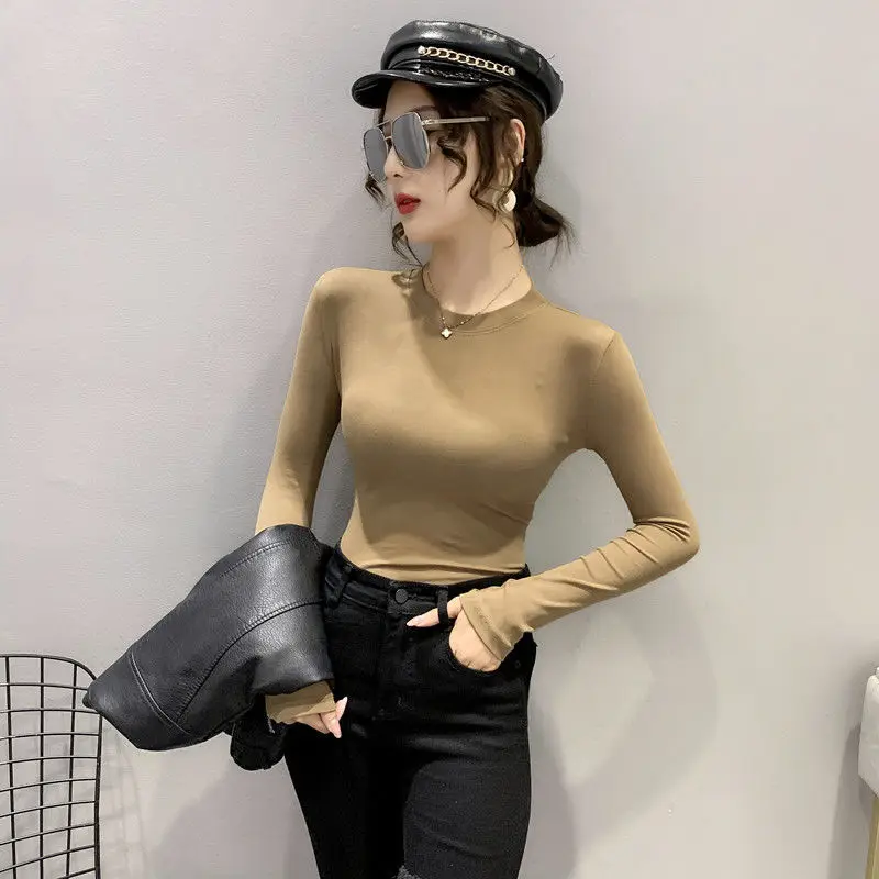 Women Long Sleeve Sexy T-Shirt 2021 Autumn Sexy U Neck Solid Rib Knit Basic Tee Tops Slim Fashion Korean Female Pullover T-shirt chrome hearts t shirt