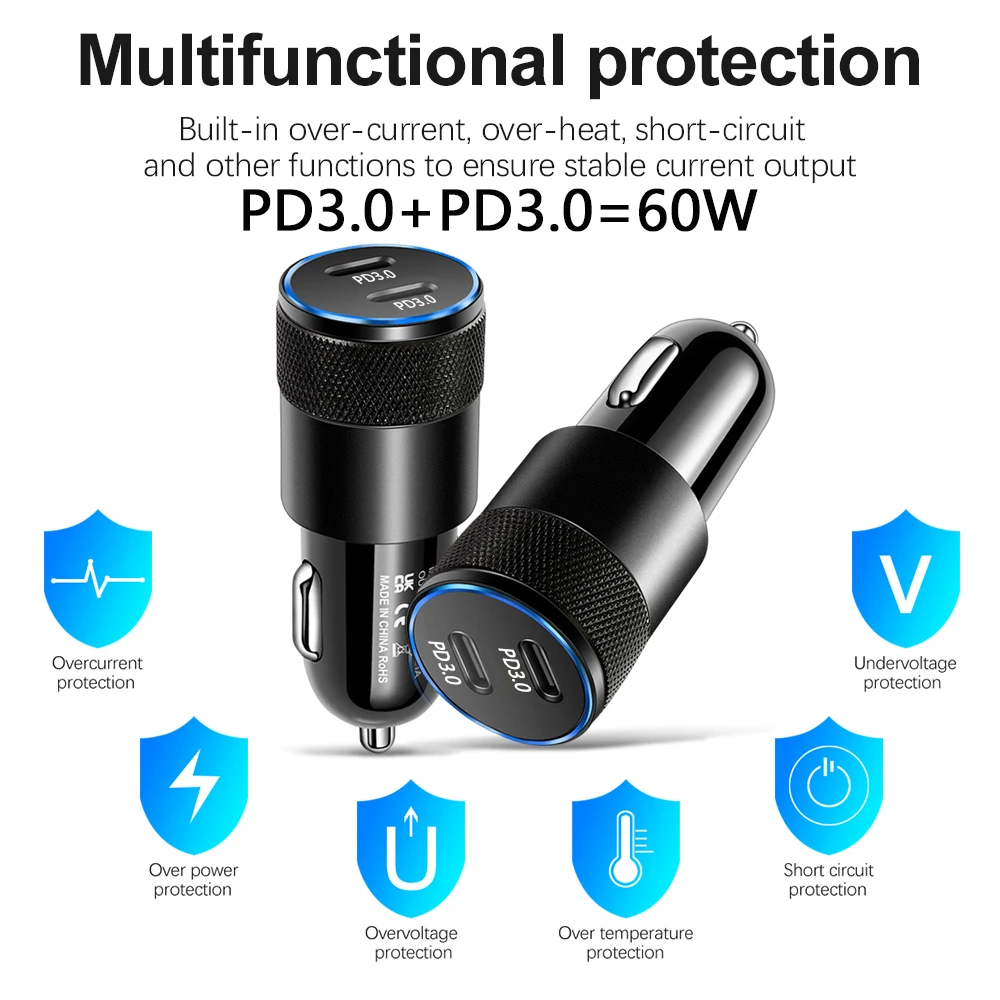 60W USB C Fast Car Charger 2 Ports Car Charger Adapter Dual Type C PD for IPhone12 11 Pro Max Samsung Galaxy Note20 Android usb triple socket