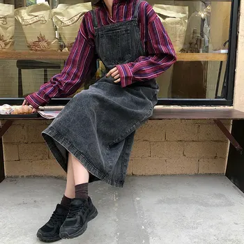 

Long Denim Dress Women Sleeveless Vintage Strap Jeans Dress Ladies Sexy Retro Packet Midi Spring Summer Midi Dresses Black BW79