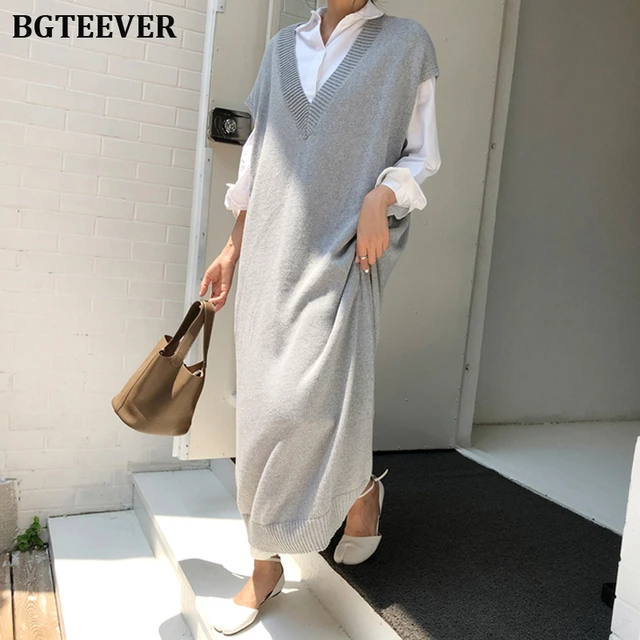 Bgteever Chic Casual Winter Oversize Straight Sleeveless Sweater Dress Women  Thick Knit Long Dress Female Knitted Vest Dress - Dresses - AliExpress