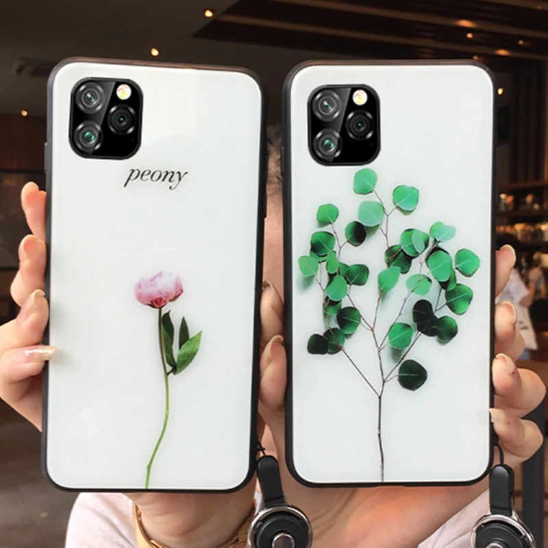 

Tempered Glass Case For iPhone 11 Pro Max Glossy Green plant Peony Hard Cover For iPhone 11 Pro xr xs Max 6 6S 7 8 Plus Casing