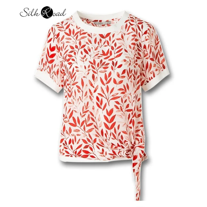 

Silviye Screw Type Contrast Color Silk Lace-up T-shirt Simple and Versatile Casual Red Printed Short-Sleeved Top Women's Summer