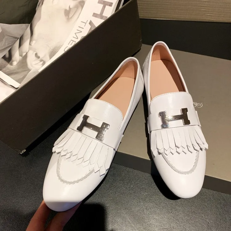 

Korean-style Tassels round-Toe Loafers 2020 Spring New Style Versatile H Buckle Flat Leather Shoes WOMEN'S Shoes