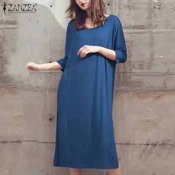 

2020 Summer Women Midi Dress Casual Loose Baggy Buttons Split Hem Dress Sleepwear Solid O Neck Nightdress Nightgowns Femme 5XL