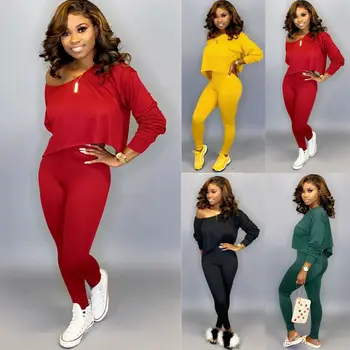 

Korean Style Modis Women Sets One Shoulder Long Sleeve Crop Top+ Slim Fitness Pants Causal Sportswear Jumpsuit Women Clothes
