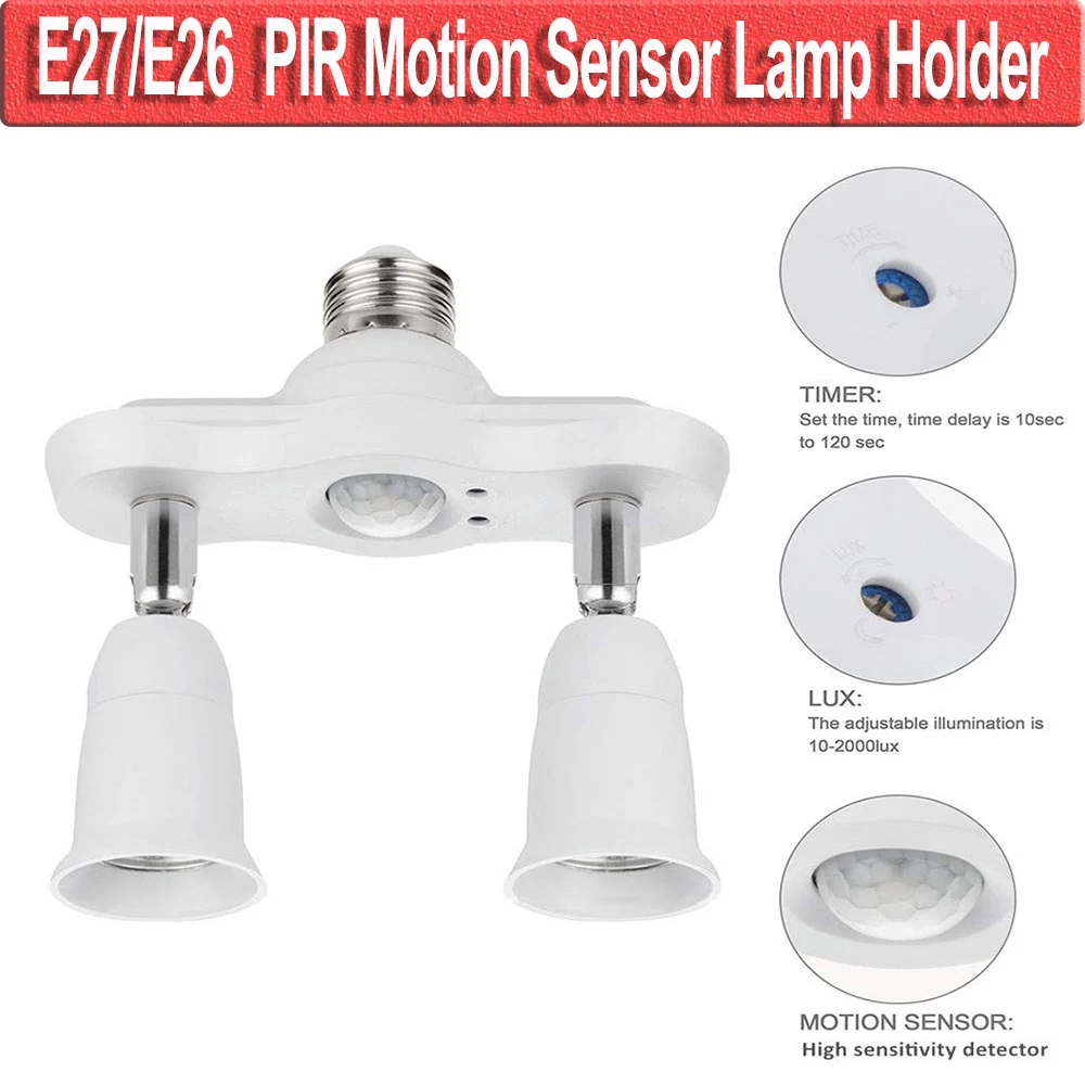 

2 in 1 Motion Sensor Light Socket E26 E27 Adapter Splitter with 360 Degree Rotatable and 180 Degree AC 110240V D30