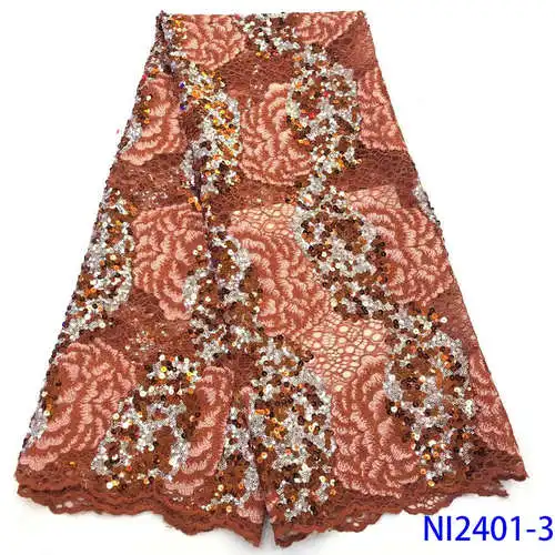 NIAI African Lace Fabric High Quality Lace Nigerian Sequins Lace Fabrics Embroidered French Lace Fabric For Women NI2401-4 - Color: picture 3