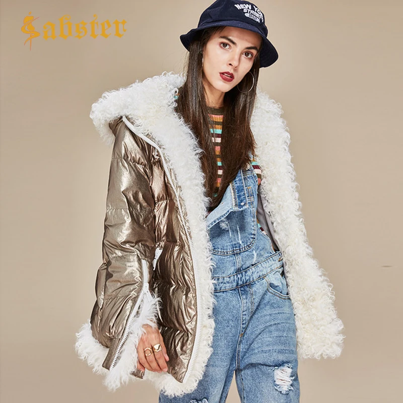 

2019 Winter New Silver Women's Down Jacket Cotton Padded Warm Glossy Fur Collar Hooded Woman Parka Outerwear XZ551