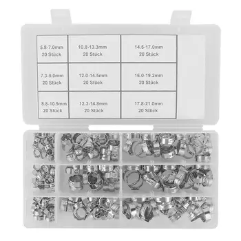 

180pcs/Set Stainless Steel Single Ear Hose Clamp Clip Assortment Kit US Standard 5.8-21mm Auto Slip