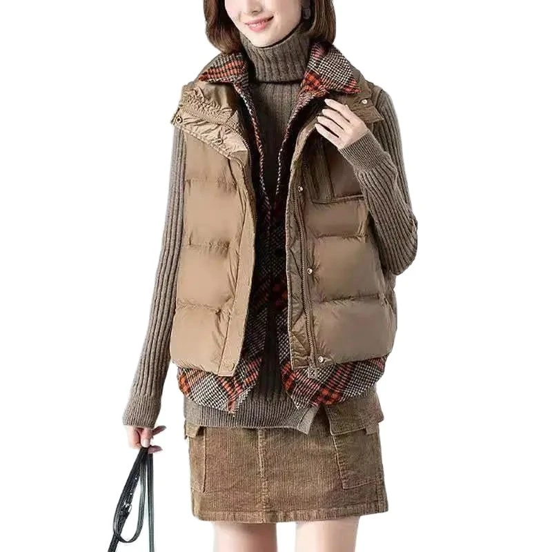puffer coat with hood Celebrities Autumn Winter New Female Fashion Fake Two-Piece Stitching Plaid Thick Down Cotton Vest Loose Wild Jacket Women A867 long puffa coat