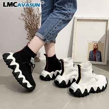 

LMCAVASUN Sock Boots Platform Autumn 2020 Female Fashion Ankle Boots Black Hook Loop Lady Hip Hop Autumn Shoes Woman Boots