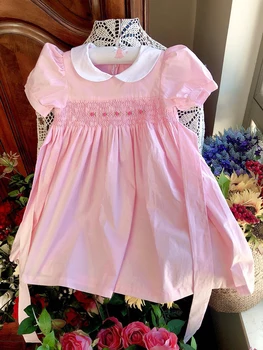 

smocked girls dress flower embroidered party princess summer peter pan collar vintage cotton kids dress