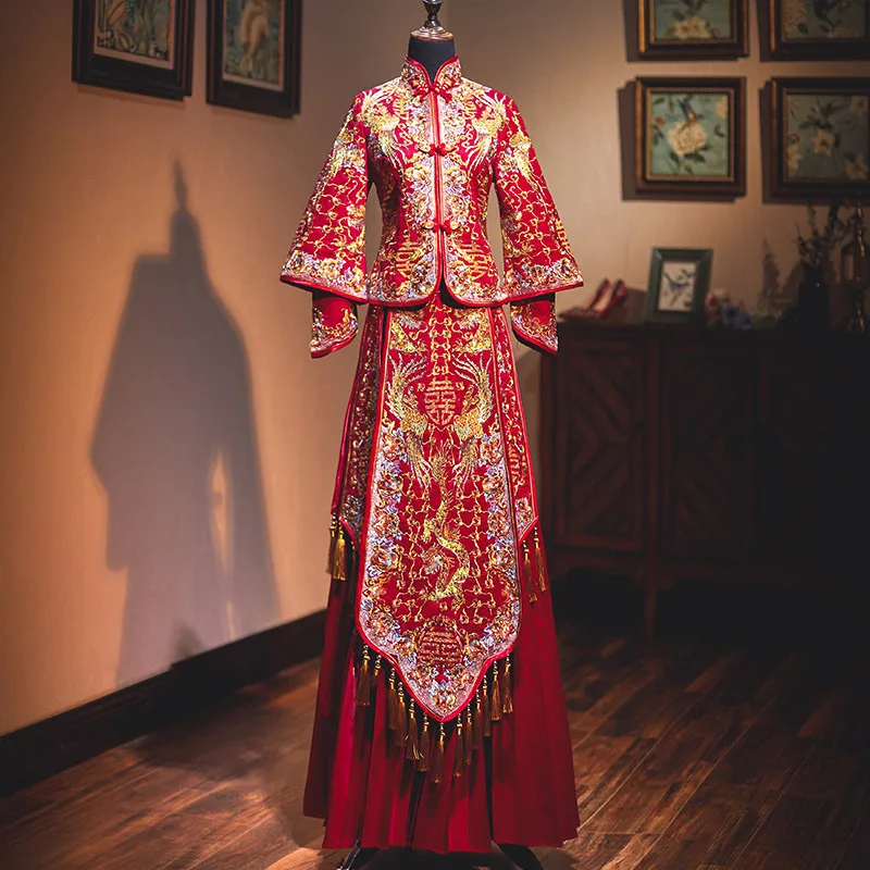 

Vintage Oriental Style Wedding Dress Embroidery Phoenix Banquet Costume Classic Cheongsam China Qipao костюм для восточных