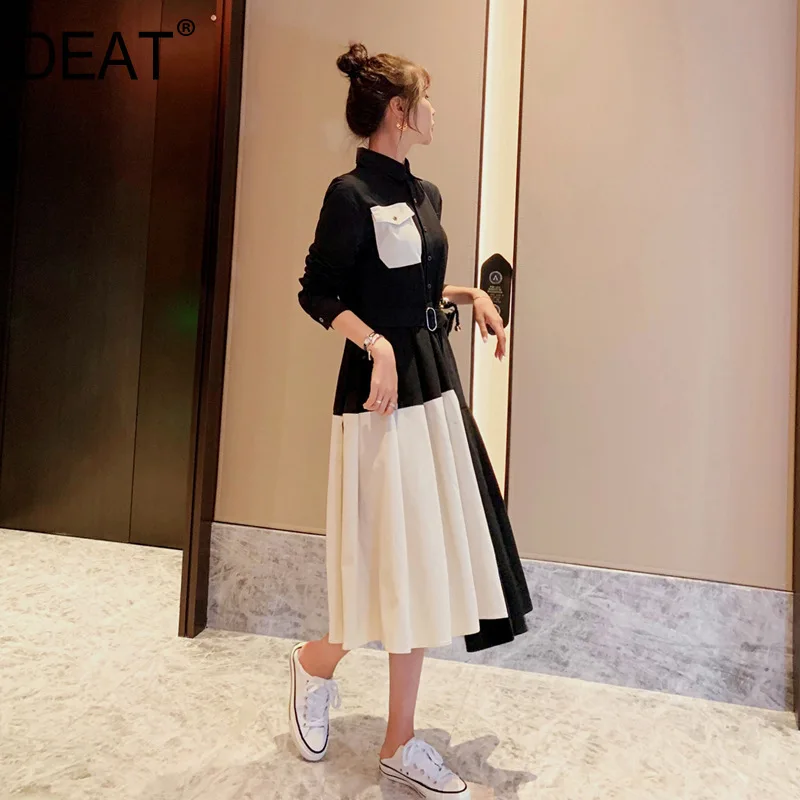 

[DEAT] 2019 New Autumn Winter Stand Collar Long Sleeve Personality Hit Color Spliced Draped Dress Women Fashion Tide 13D486