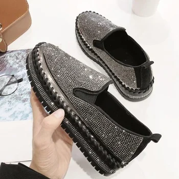 

NEW Luxury Women Loafers Spring Autumn Fashion Shining Rhinestone Flat Platform Women Sneakers Casual Shoes Black/Silver