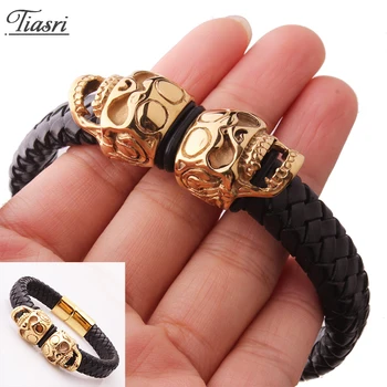 

Tiasri Black Leather Bracelet For Men Aesthetic Weave Texture Gold Color Stainless Steel Skull Jewelry Accessories Friends Gifts