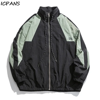 

ICPANS Loose Oversize Pacthwork Thin Mens Waterproof Windbreaker Nylon Stand Collar Spring Men Jacket Hip Hop Streetwear Pleated