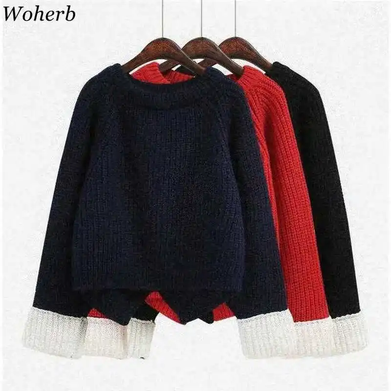 Woherb Pull Femme с круглым вырезом и длинными рукавами, контрастные цвета, пуловеры Джемперы, винтажная мода, свитер, женские повседневные свободные топы 90840