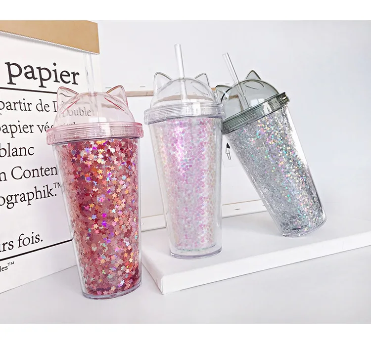 Double Layer Pipette Cup With Flash In The Shape Of Cat's Ear Candy Colors Tea Juice Coffee With Lid Straw Water Bottle Cups