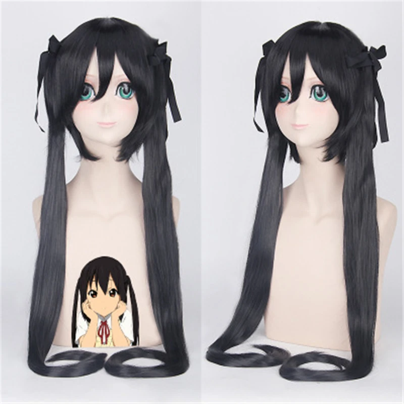 

Kon Nakano Azusa Cosplay Wig 100cm Long Black Synthetic Hair with Double Ponytail Halloween Party Costume Wigs Anime