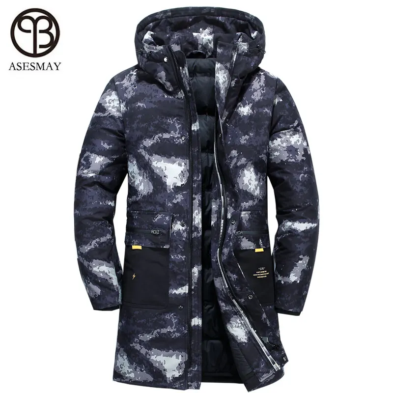 Asesmay, мужской пуховик, мужское зимнее пальто, Толстая теплая длинная парка с капюшоном, камуфляжный принт, wellensteyn, гусиное перо, верхняя одежда - Цвет: camouflage 2