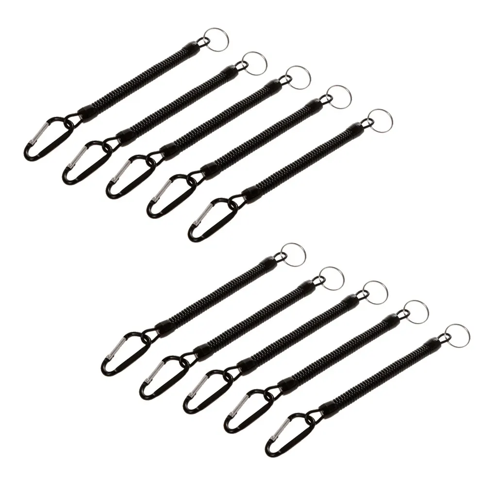 

Lot Of 10x Flexible Coiled Lanyard Safety Steel Wire Rope Tether & Carabiner