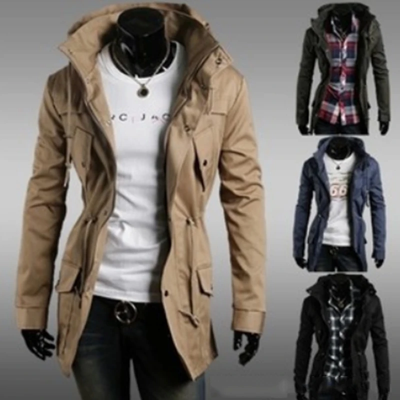 

New Mens Hooded Solid Trench Coat Jacket Cardigan Long Sleeve Outwear Male Autumn Winter Slim Fit Long Coat Tops