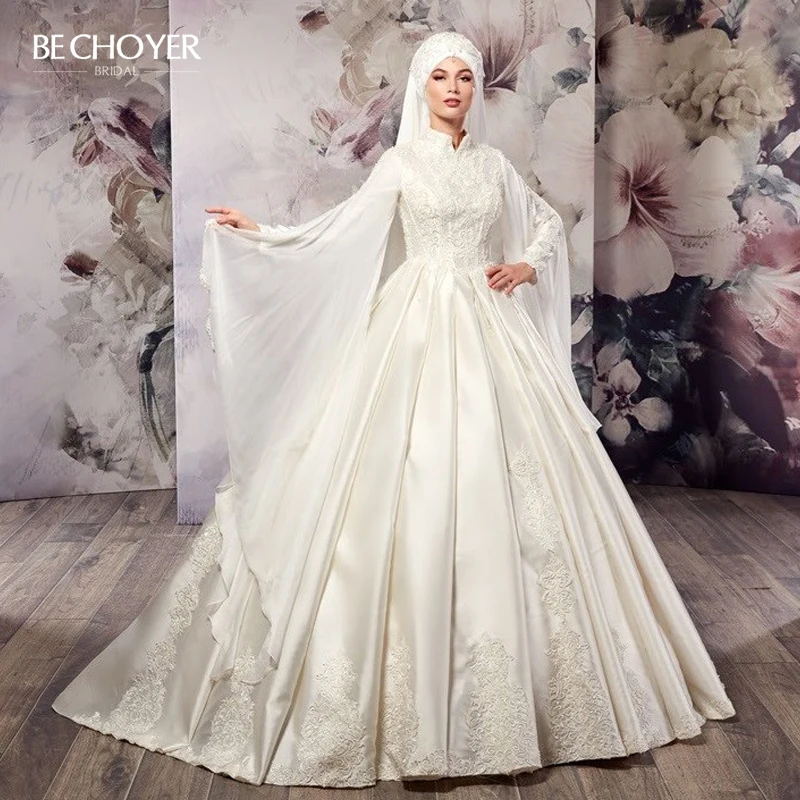 

Muslim Luxury Long Sleeve Wedding Dress BECHOYER AX37 Elegant Beaded Appliques Ball Gown Princess Bride Gown Vestido de Noiva