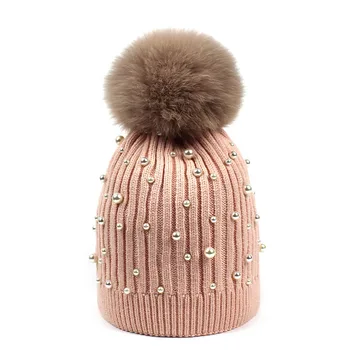 

Women Hat Winter Beanie Warm Real Fox Fur Pompon Pearls Skiing Outdoor Accessory Girl Teenagers Adult