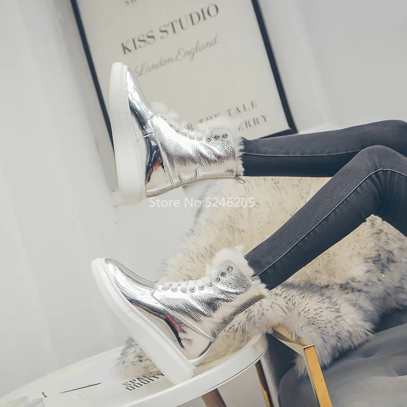 Silver Fashion Women Boots Lace Up Round Toe Fashion waterproof Patent Leather Women Shoes Platform Fur Ankle Boots