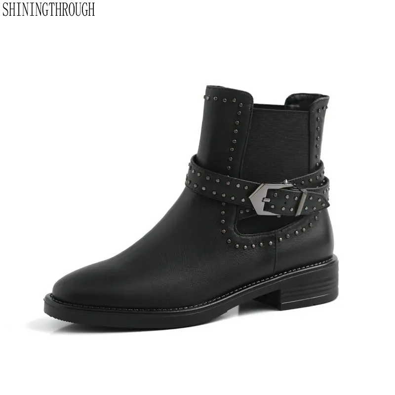

Women Ankle Boots low Heels Cow leather Buckels rivets Motorcycle Boots Round Toe Comfort Casual Shoes Woman size 41 42 43