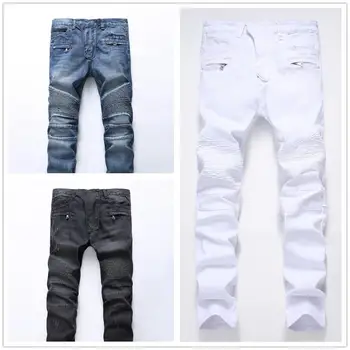 

Men's Biker Jeans with Zip Pleat Skinny Jeans Calsa Stretched Slim Motorcycle Pants Men Classic Hip Hop Designer Jeans