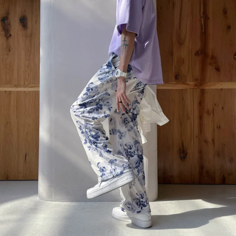 Spring Summer Flower Pants Men's Fashion Printed Casual Pants Men Streetwear Loose Hip-hop Straight Wide-leg Mens Trousers wide leg pants wide leg sweatpants men cargo pants