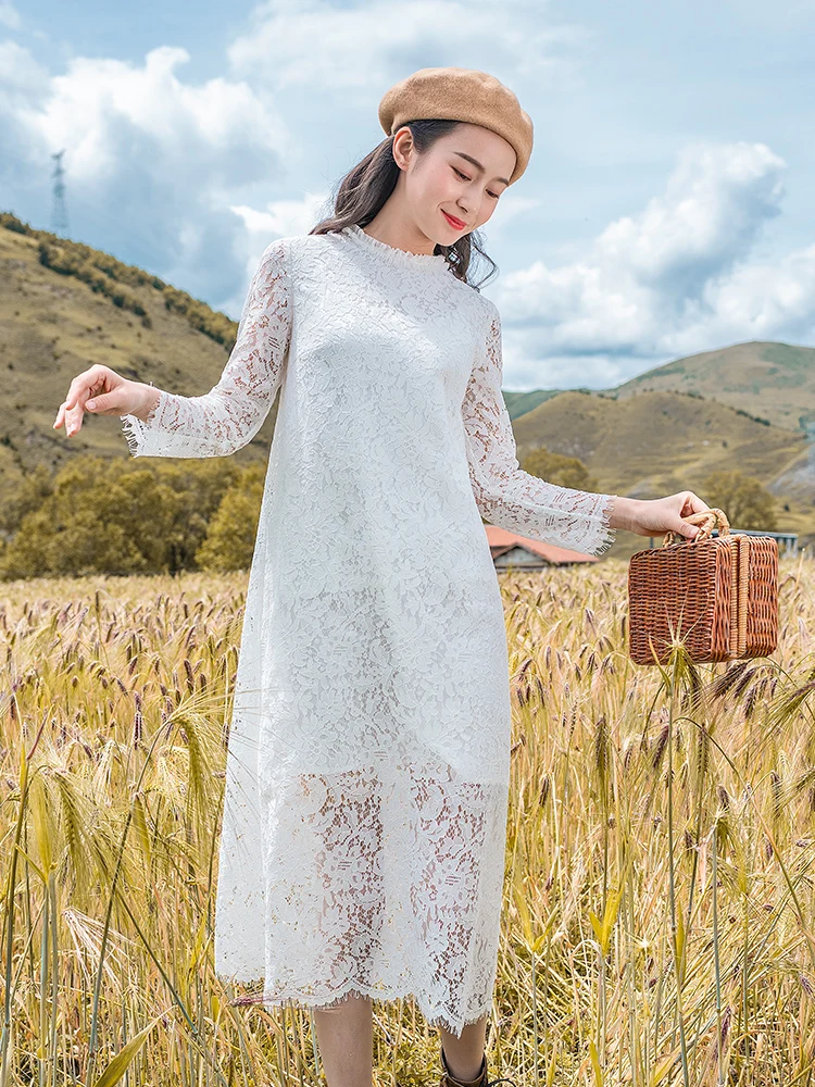 

Free Shiping 2019 New Fashion Women Long Mid-calf Long Sleeve Dresses Spring And Autumn Boshow Bohemian S-L Lace Dress White