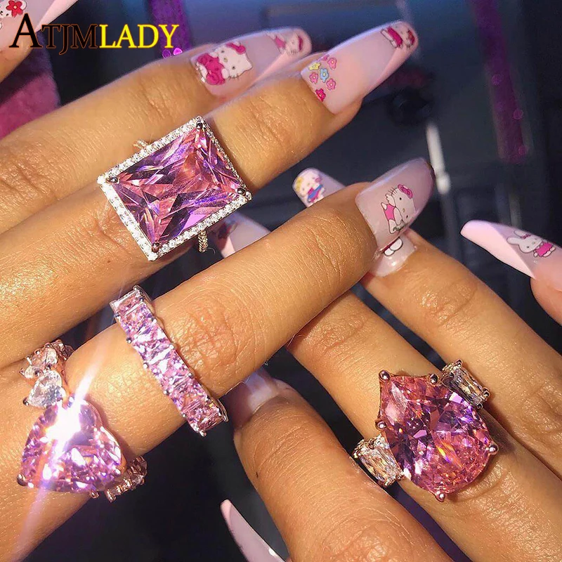 full paved pink cubic zirconia square cz wedding engagement ring rose gold  color iced out pinky cz eternity band finger jewelry