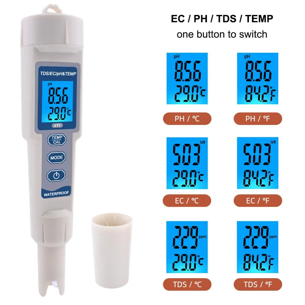 4 in 1 TDS PH Meter Digital Water Quality Monitor Tester For Pools Drinking Water Aquariums