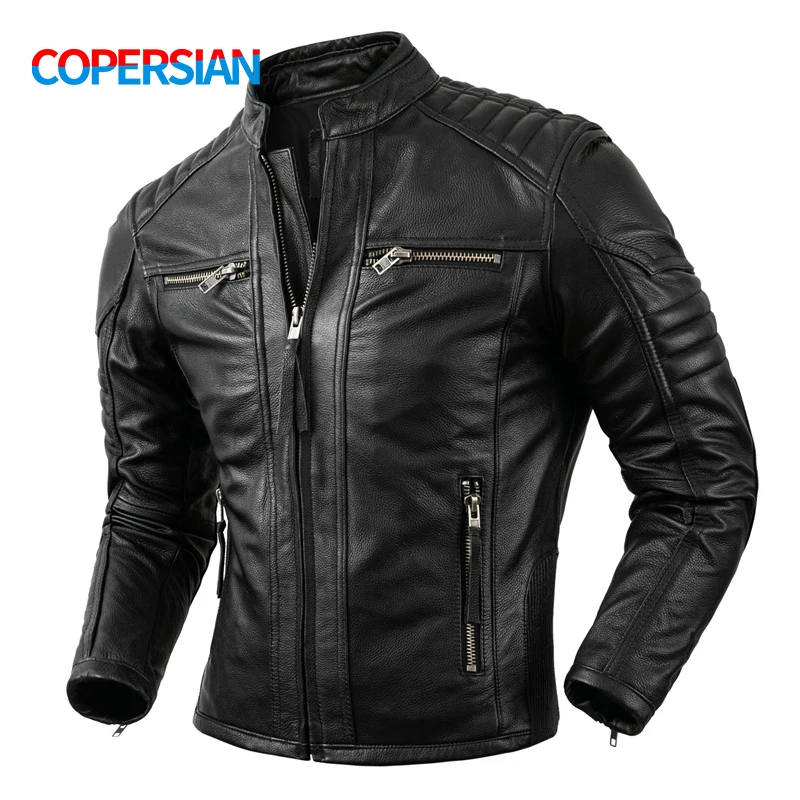 Motorcycle Causal Vintage Leather Coat Men Autumn Outfit Fashion Biker Pocket Design Top Layer Cow Leather Jacket men leather jacket