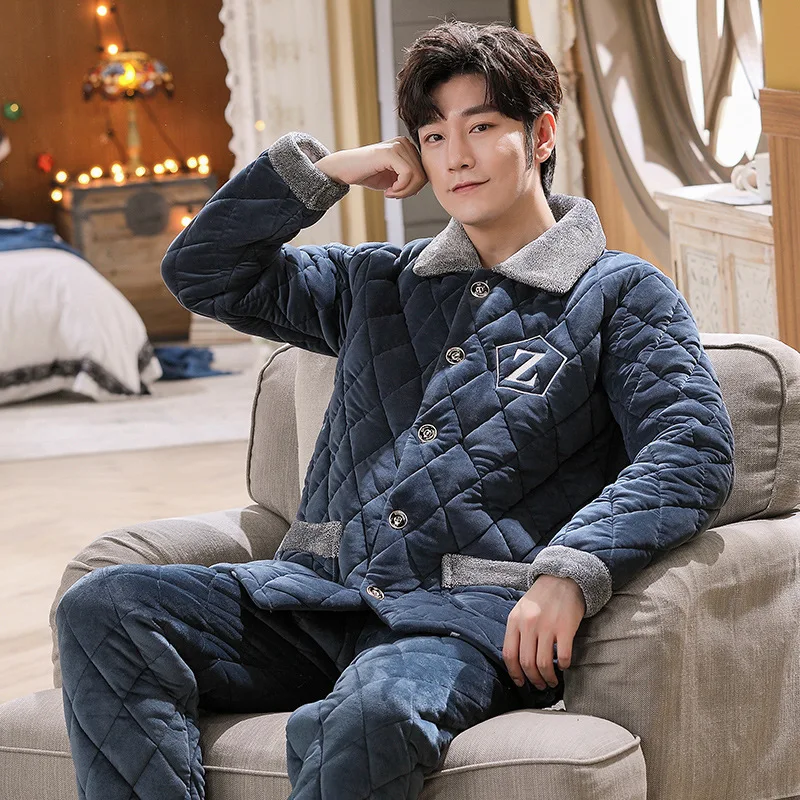 2021 New Mens Winter Pajamas Set Male Three-layer Quilted Thicke