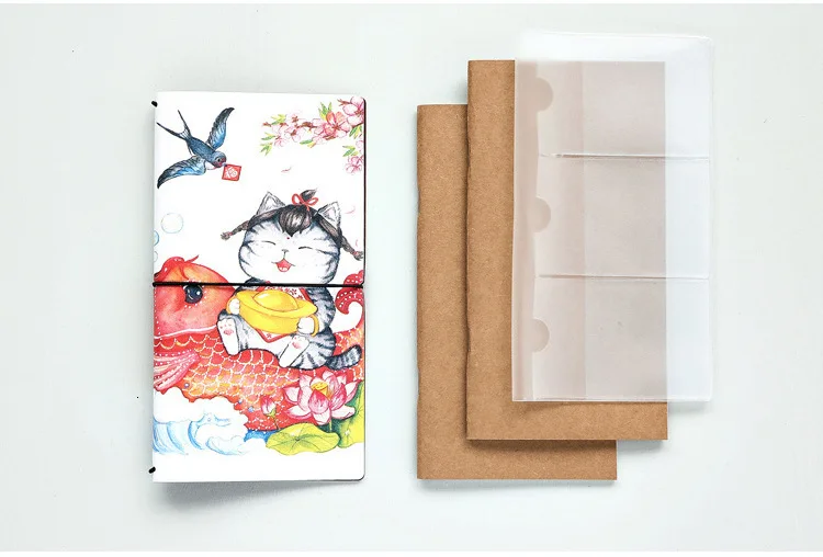 Kawaii Fortune Cat PU Leather Cover Notebook travel Diary Book Exercise Composition Binding Note Notepad Gift Stationery