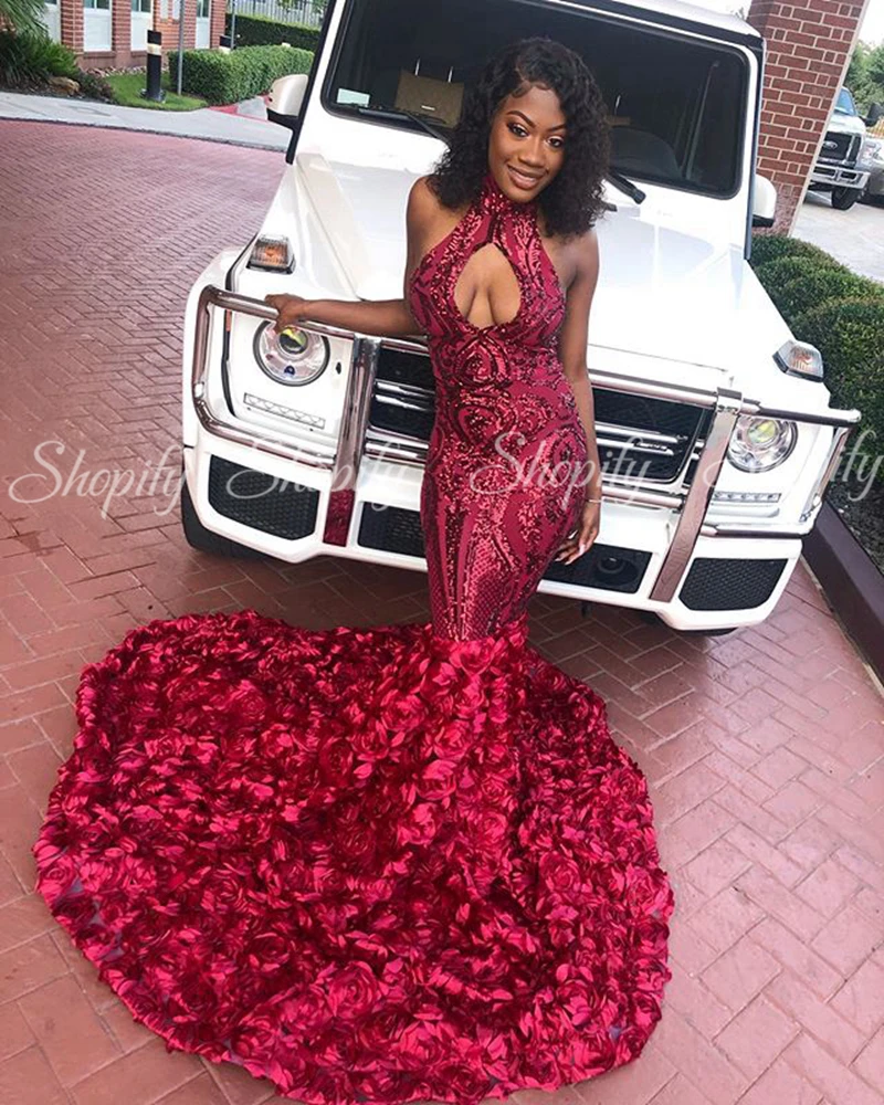Длинные сверкающие платья для выпускного вечера Сексуальная Русалка с высоким горлом бордовые блестки 3D цветы розы Женская африканская темнокожая девушка торжественные платья для выпускного вечера