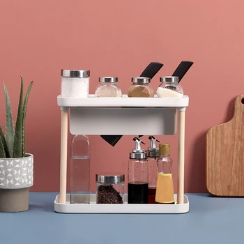 

Double-Layer Kitchen Utensils Rack Shelf Organizer Japanese Style Kitchen Season Storage Rack Home Multi-Function Wood Shelf Hot