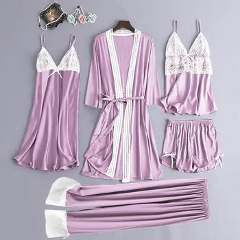 

5PC women's lace simulation silk pajamas set multi-piece multi-color multi-code simulation silk home service suit пижама 40*