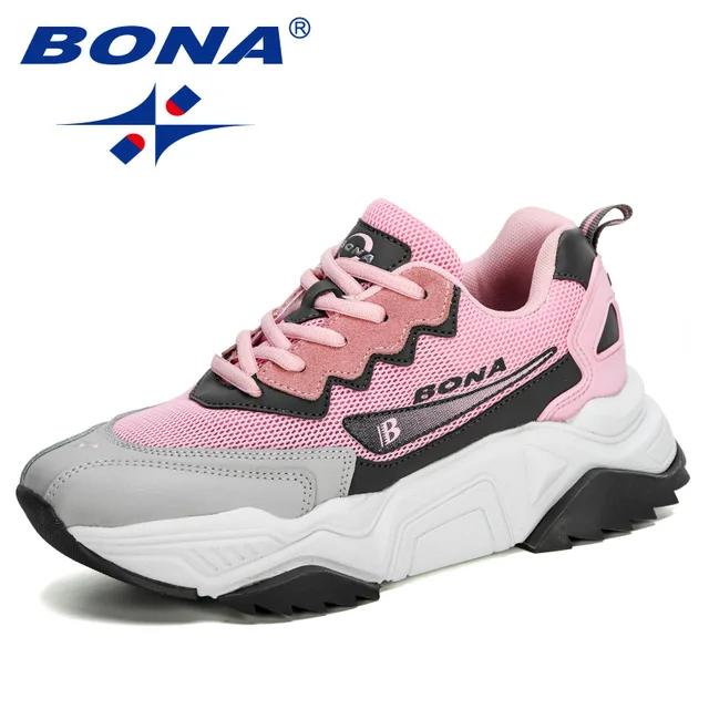 BONA 2020 New Designers Trendy Sneakers Women Jogging Shoes Trainers Lace Up Running Shoes Ladies Sport Shoes Feminimo Footwear Light gray pink