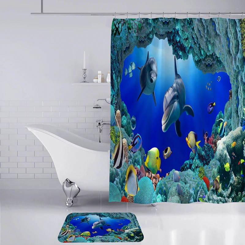 Ocean Dolphin Deep Sea Polyester Shower Curtain Bathroom Waterproof With 12 Hooks Bath Mat Set