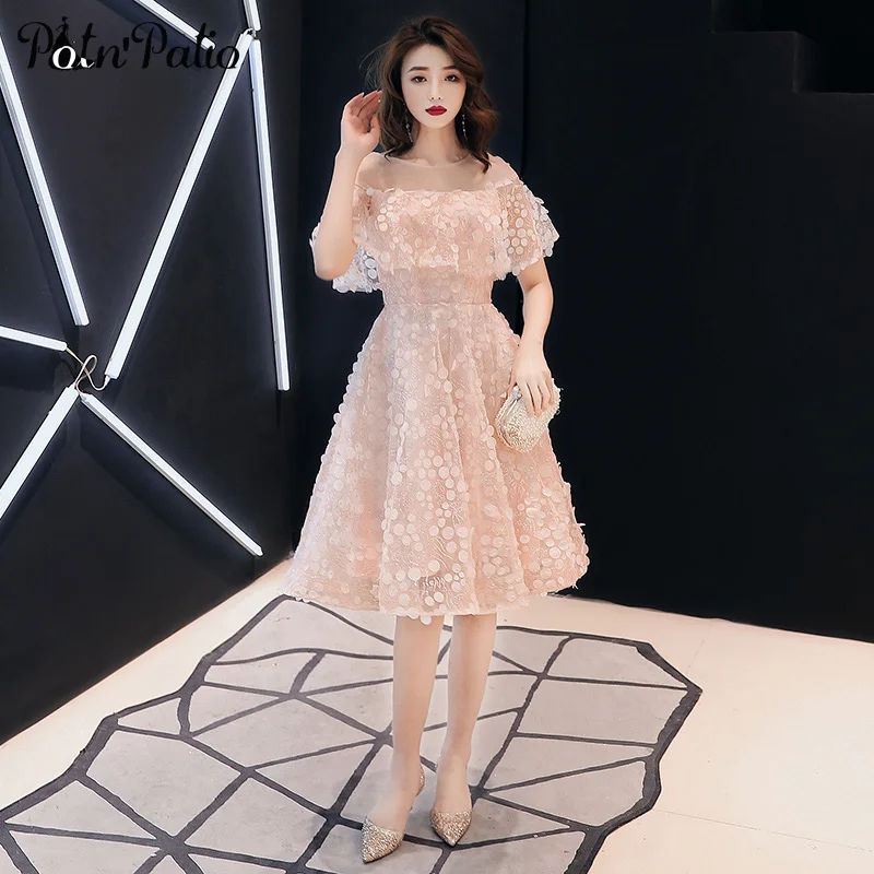 

Short Pink Wedding Guest Dress Scoop Neck A-line Lace Spot Evening Dresses For Women Plus Size 2019 New