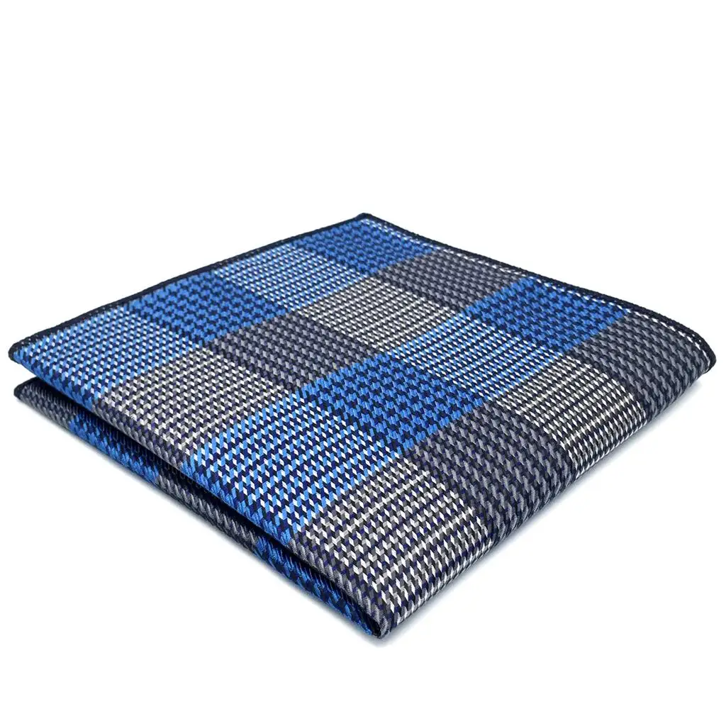 

FH23 Blue Grey Mens Pocket Square Checkes Handkerchief Silk Large 12.6"