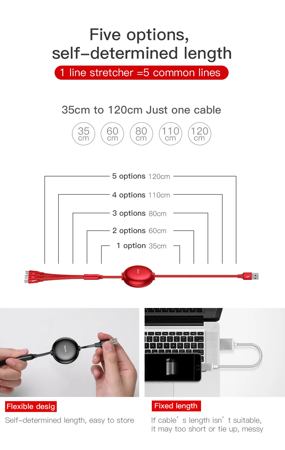 Baseus câble Micro USB/type-c rétractable 3 en 1 pour recharge rapide multiple-8