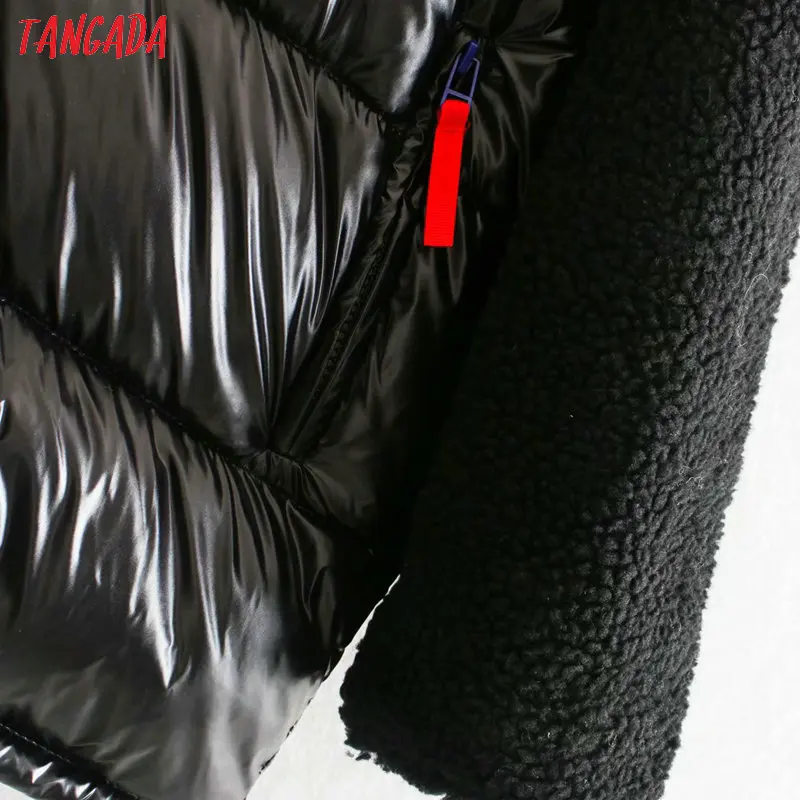 Tangada Женские флисовые Лоскутные Большие Длинные парки с капюшоном толстые карманы женские повседневные Черные зимние пальто 4M194