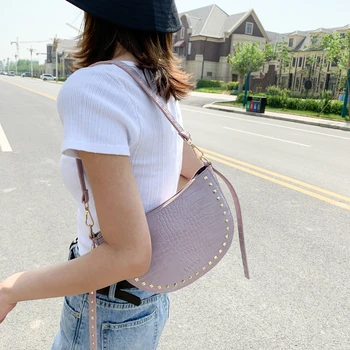 

bags for women Solid crocodile PU leather rivet design women's half round Shoulder Messenger Bag crossbody bags for women 2020